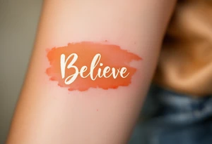 "Believe" in a brushstroke of gold with a faded sunset orange gradient in the background, capturing optimism and a bright future. tattoo idea
