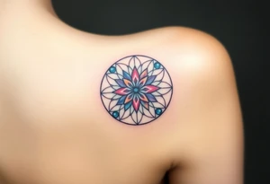 A floating Flower of Life with a glowing aura in round cyrcle, appearing as if suspended in space tattoo idea