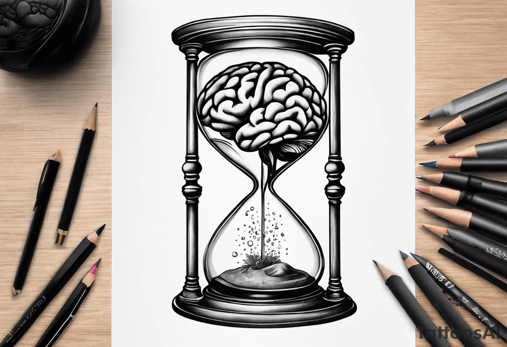 Human realistic brain inside hourglass tattoo idea