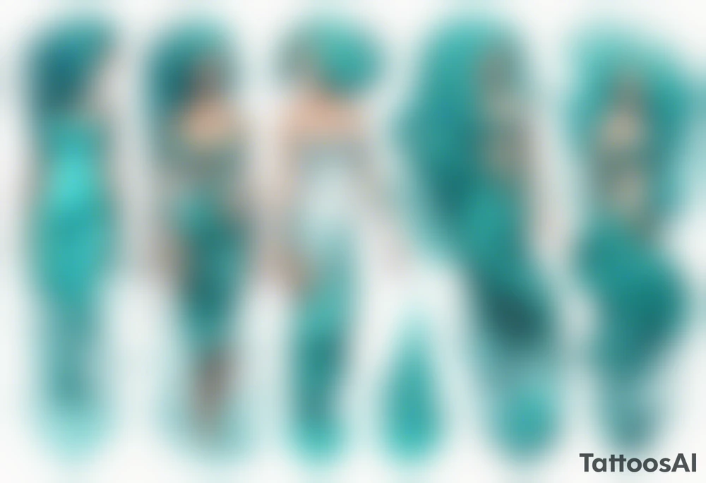 a tall woman made of water with turquoise hair waves crashing against rocks tattoo idea