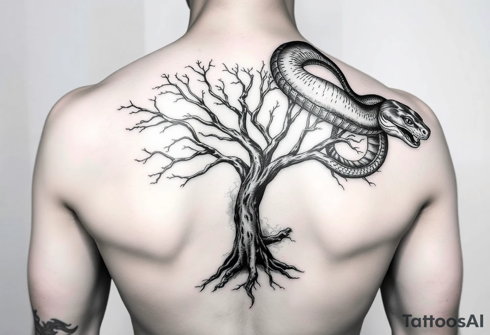 "I want a tree tattoo on my back, with a snake wrapping around the tree and continuing up over my right shoulder, ending with its head on my left shoulder." tattoo idea