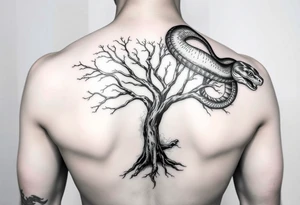 "I want a tree tattoo on my back, with a snake wrapping around the tree and continuing up over my right shoulder, ending with its head on my left shoulder." tattoo idea