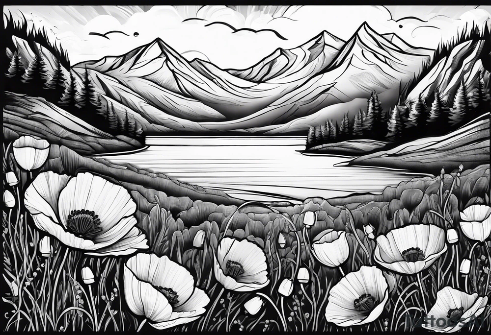Poppy flowers with colorado mountains and the ocean tattoo idea