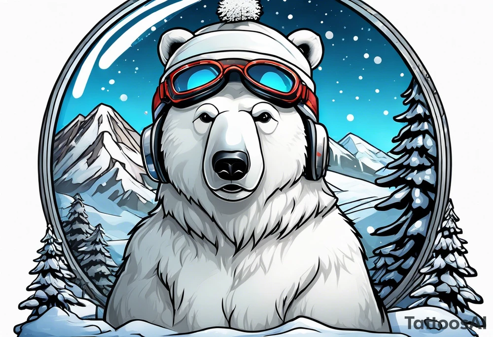 Polar bear with a winter hat and goggles standing in front of a mountain inside a snow globe tattoo idea