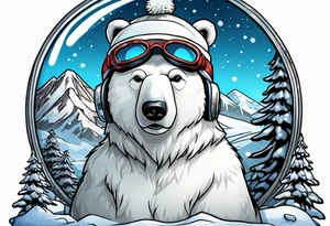 Polar bear with a winter hat and goggles standing in front of a mountain inside a snow globe tattoo idea