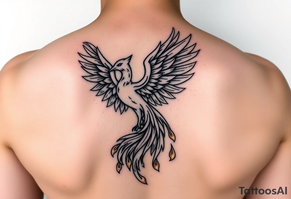 magnificent phoenix rising from golden flames with trailing embers tattoo idea