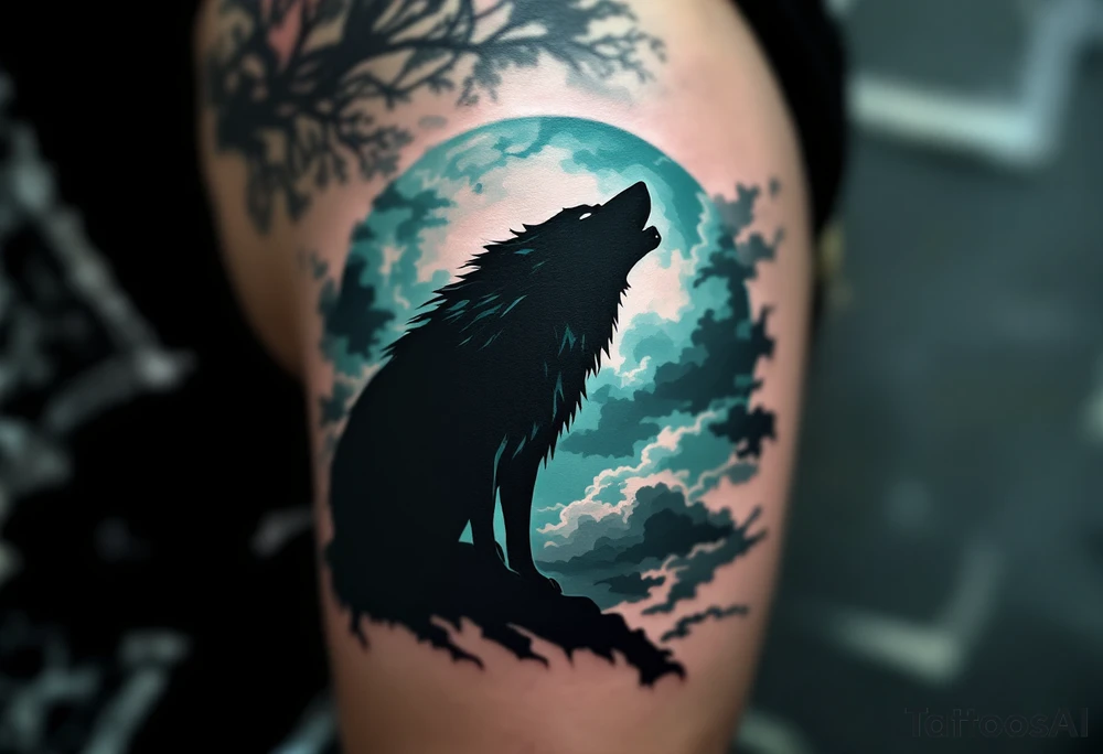 Howling werewolf silhouette against a cloudy teal and gray moon, in a dark fantasy style. tattoo idea