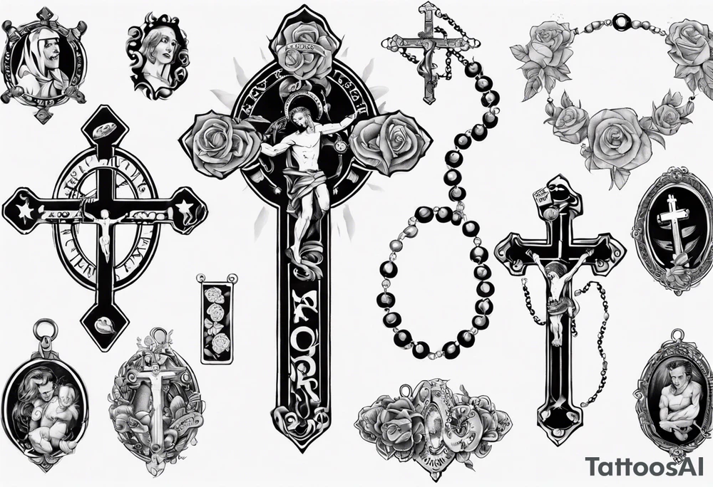 men’s arm sleeve, rosary, the name Peters, 1997, tattoo idea