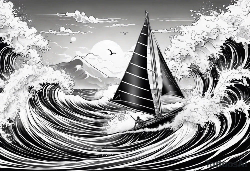 Poseidon im Meer mit windsurfer im hintergrund tattoo idea