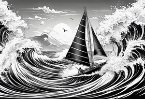 Poseidon im Meer mit windsurfer im hintergrund tattoo idea