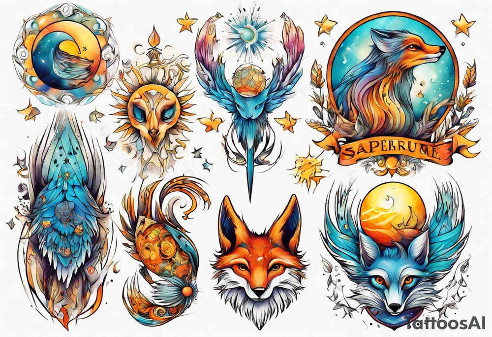 fisch, fuchs und eule , symetrie  sonne, universum, bunt, " sapere aude" tattoo idea