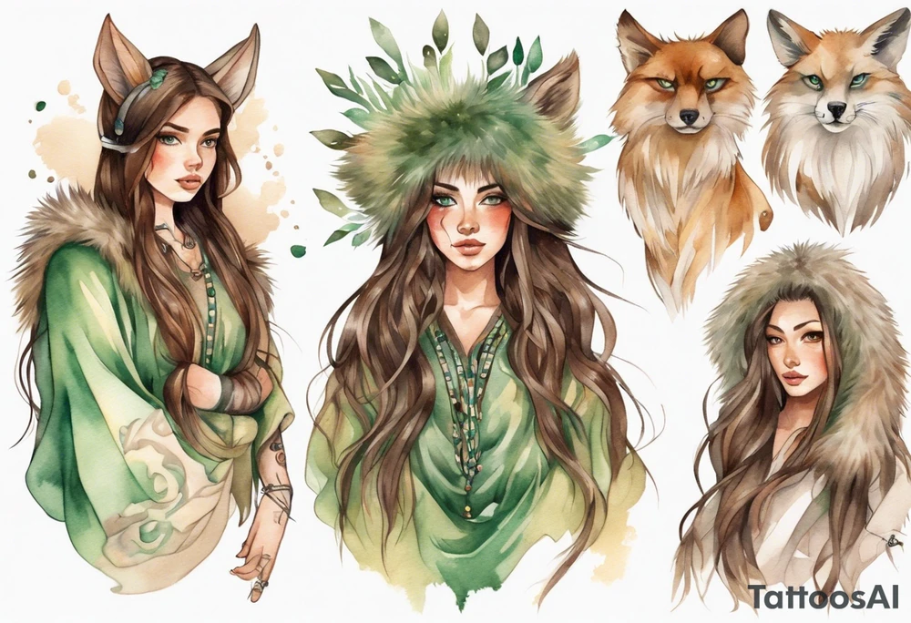 a woman with long brown hair with tan skin and green eyes wearing a fur tunic tattoo idea