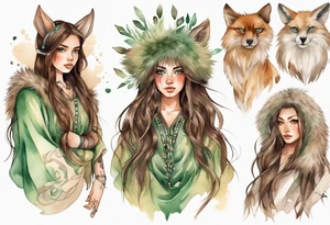a woman with long brown hair with tan skin and green eyes wearing a fur tunic tattoo idea