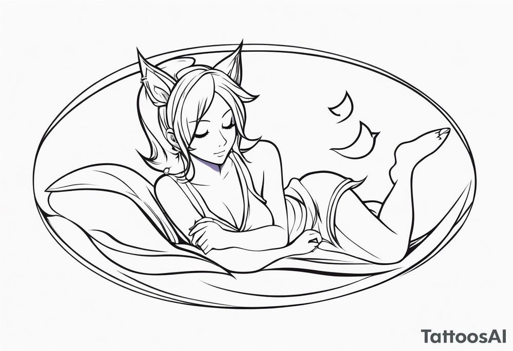No color fairy with a tail inspired by the logo of the anime show called Fairy Tail in a fetal position leaning in and forward while sleeping tattoo idea