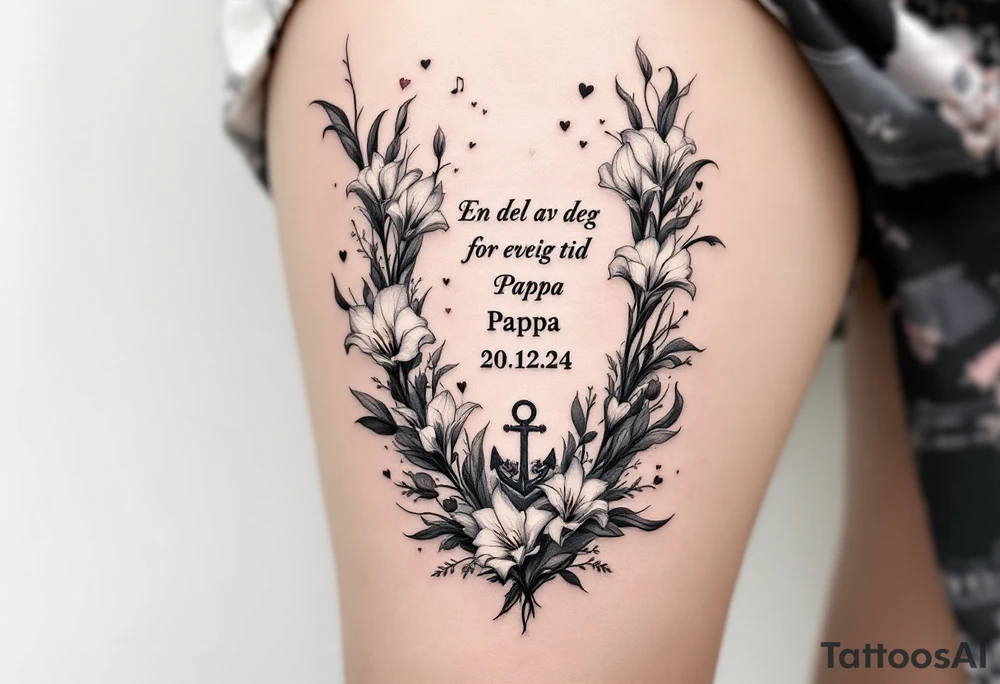 «En del av deg for evig tid
Pappa 20.12.24» Surrounded by long gladiolus, hearts, notes and an anchor tattoo idea