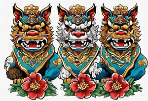 Okinawa style twin shisa dogs, one with open mouth, one with closed mouth, chest/pecs, Yakuza style, old school tattoo idea