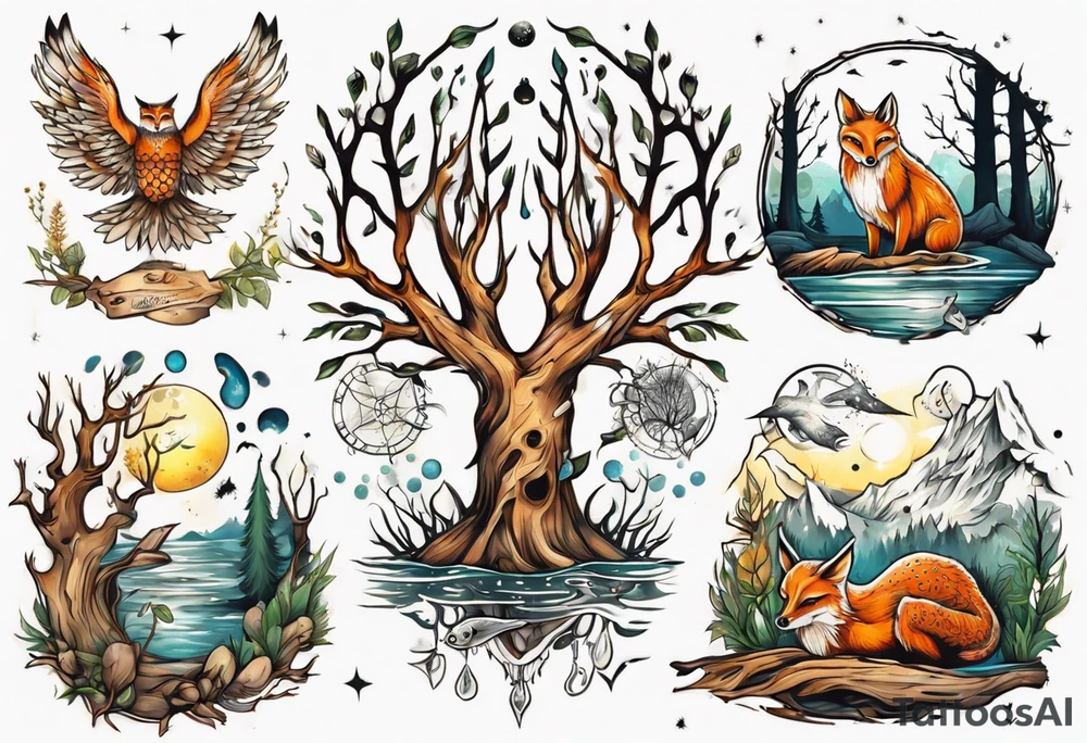 sonne, eule  wald, fuchs 
baum, sapere aude, Wasser, fisch tattoo idea