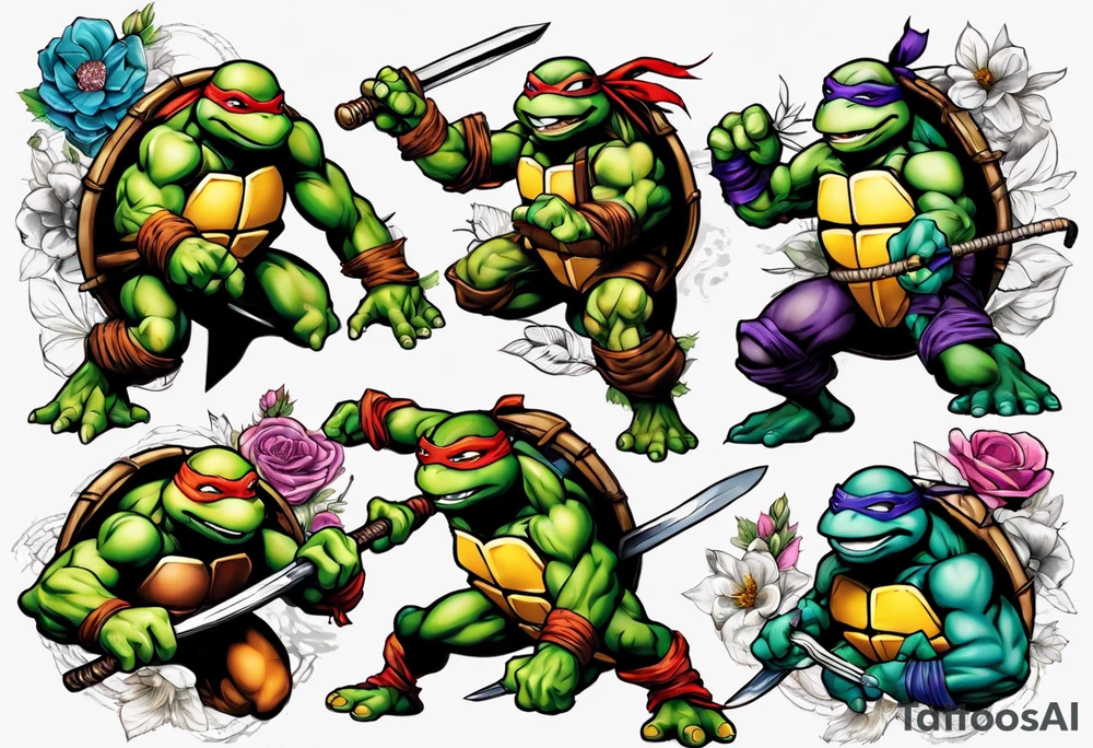 teenage mutant ninja turtles fighting in a city with floral accents tattoo idea