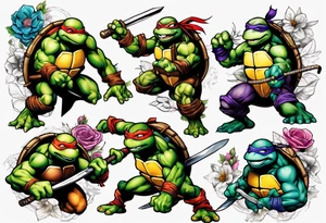 teenage mutant ninja turtles fighting in a city with floral accents tattoo idea