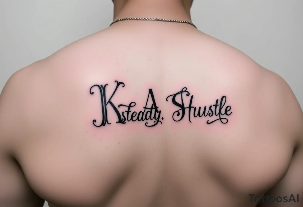 Give me a vertical forearm tattoo. I want it to be the acronym “Keep.A.Steady.Hustle”. I want the K to say Keep, then under the K put an A, under the A put an S that says steady, and then under the S put an H that says hustle. Add small details like ink clouds and moneybags. tattoo idea