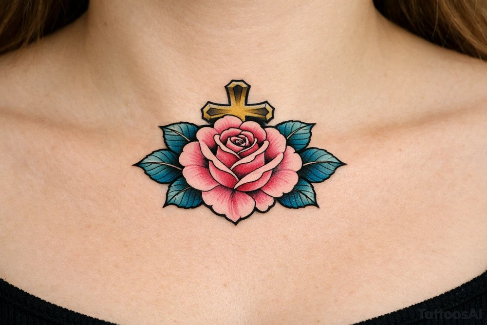 Pink rose , petrol leaves no stem, 
 cross behind it tattoo idea