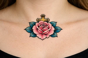 Pink rose , petrol leaves no stem, 
 cross behind it tattoo idea