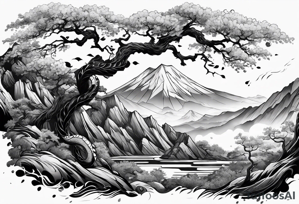 Full arm sleeve, tree going up to shoulder dead tree going down to wrist, wrapped in a serpent moving down with mountain and water elements tattoo idea