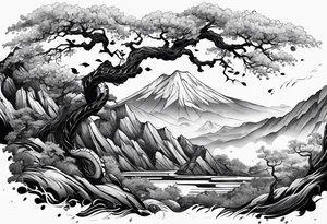 Full arm sleeve, tree going up to shoulder dead tree going down to wrist, wrapped in a serpent moving down with mountain and water elements tattoo idea