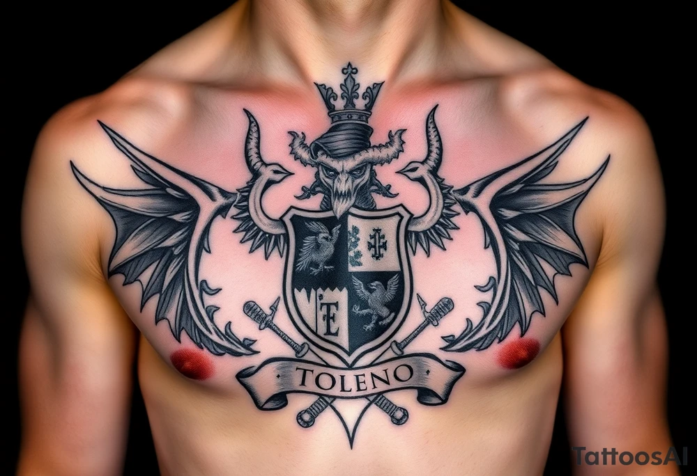 Family crest from Ireland with the The Toledo Mudhens Baseball Team, a very dark  And Demonic And Midevel Featurs Made Into a full chest tattoo with Smith last name heritage and meaning tattoo idea