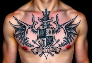 Family crest from Ireland with the The Toledo Mudhens Baseball Team, a very dark  And Demonic And Midevel Featurs Made Into a full chest tattoo with Smith last name heritage and meaning tattoo idea