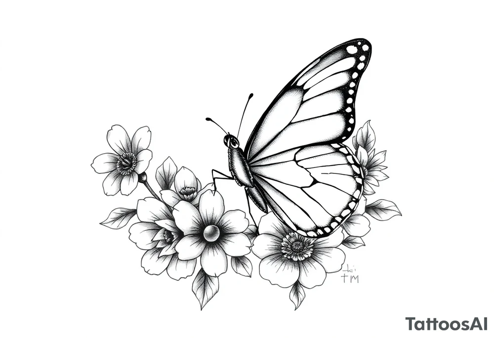 butterfly with one wing side  birth flowers around (February birth flower, March birth flower, april birth flower, august birth flower, november birth flowe, september birth flower, december birth flower) tattoo idea