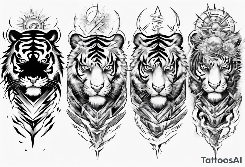 Tiger Warrior sleeve tattoo with lightning and the sun
Forearm sleeve tattoo idea