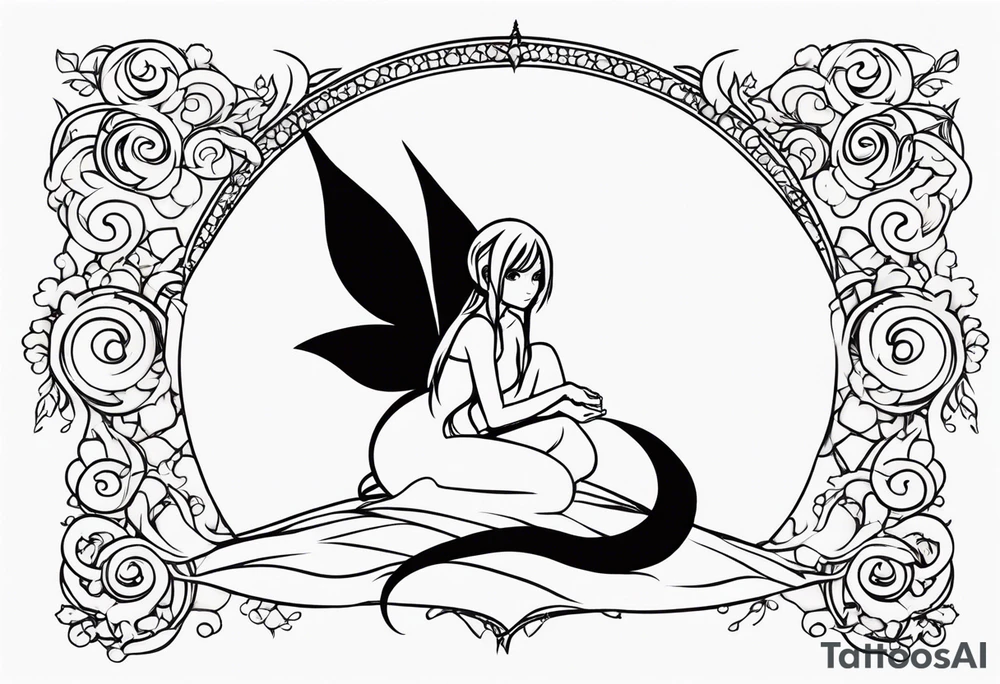 A fairy with a tail inspired by the logo of the show called Fairy Tail in a fetal position leaning in tattoo idea