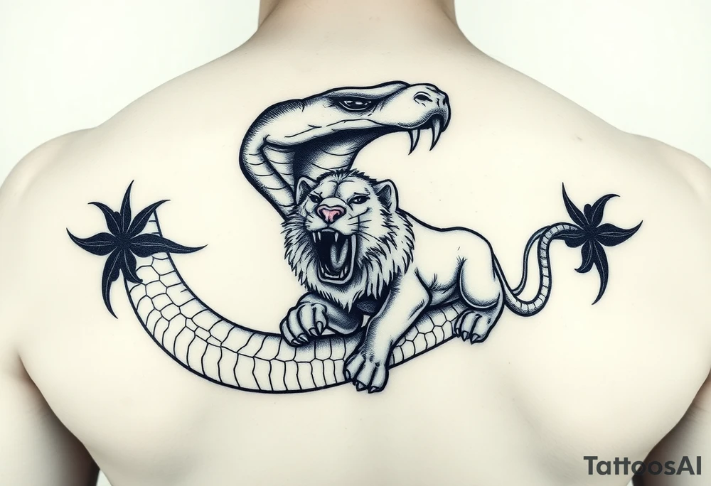 A snake with mouth wide and a lion crawling out of the mouth of snake tattoo idea