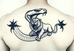 A snake with mouth wide and a lion crawling out of the mouth of snake tattoo idea