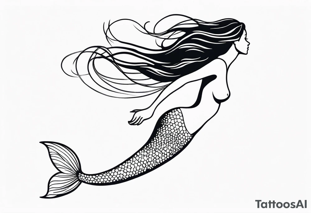 mermaid, long hair, diving like a dolphin face in profile, one-line, minimalist, tail in bottom left corner, right top right corner tattoo idea