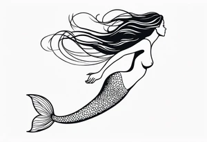 mermaid, long hair, diving like a dolphin face in profile, one-line, minimalist, tail in bottom left corner, right top right corner tattoo idea