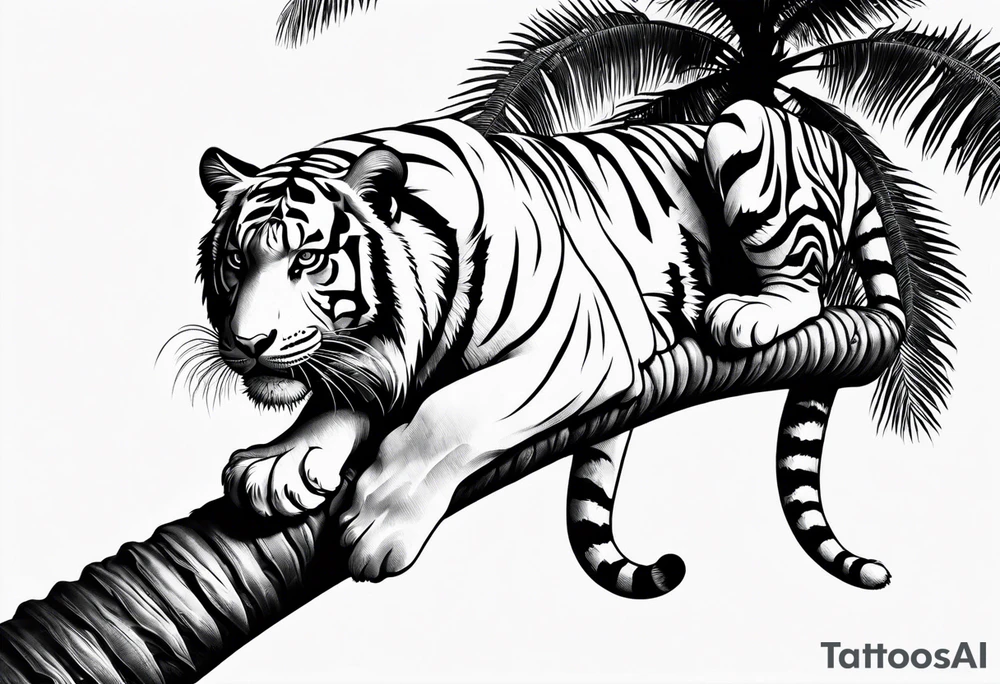 tiger laying on palm tree tattoo idea