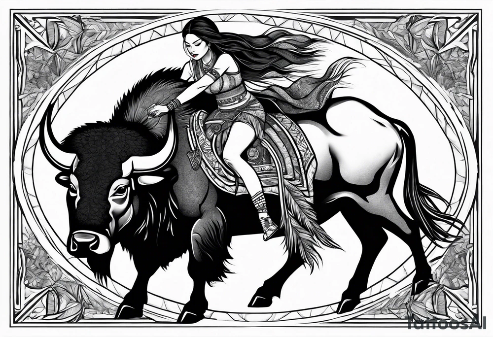 native woman riding buffalo tattoo idea