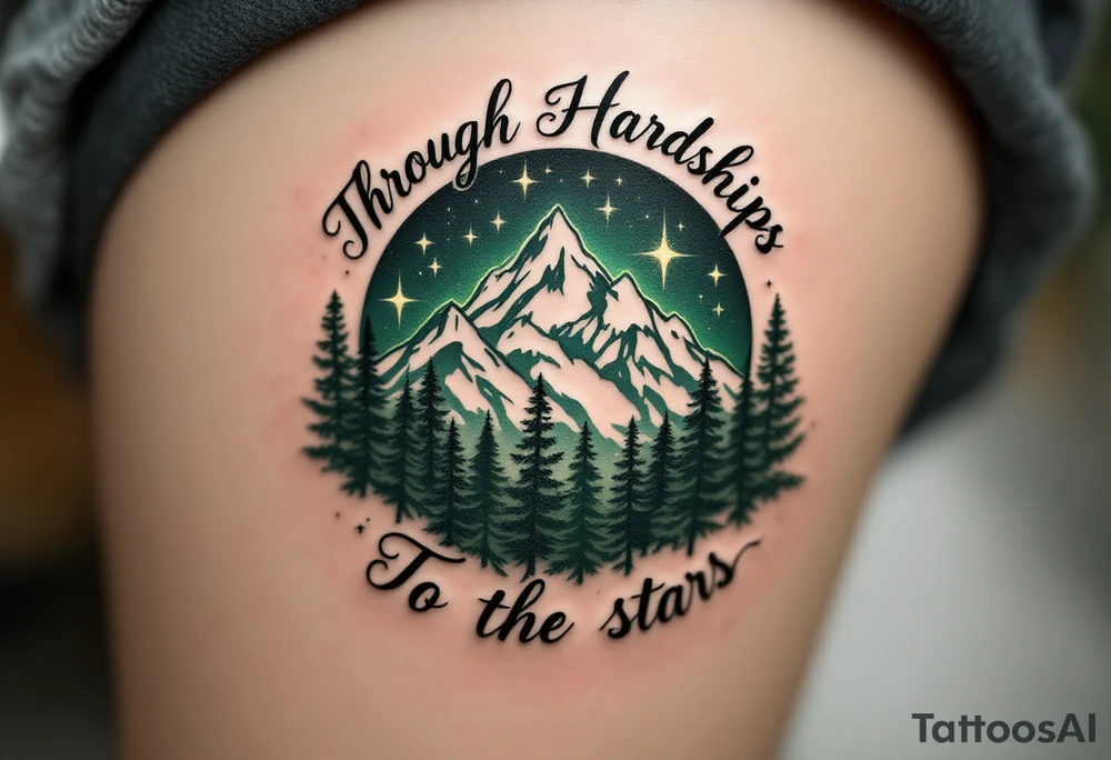 Etched in deep forest green, “Through Hardships To the stars” curls around a mountain silhouette rising into a starlit sky. tattoo idea