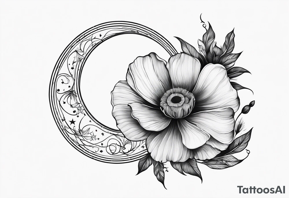 fine line spine tattoo with stars, moon, clouds, poppy tattoo idea