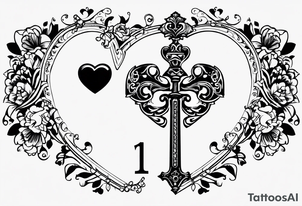 heart shaped skeleton key with antique metal appearance with the year 2016 on it. i also what to incorporate the queen of hearts as a background of the key or in the details of the design. the placement will be in the groin or bikini line tattoo idea