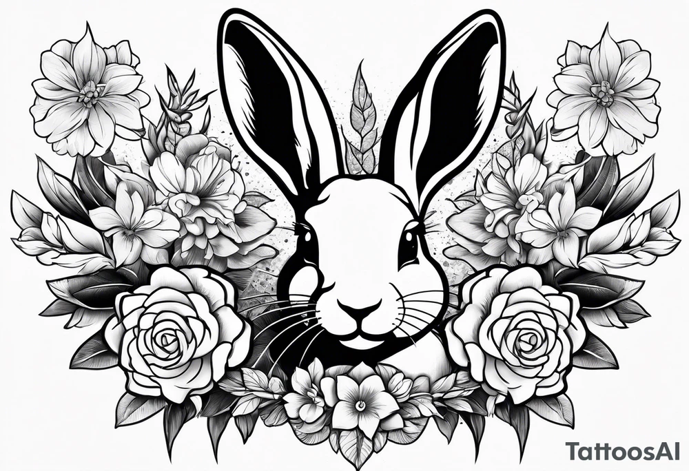 Rabbit head and flowers tattoo idea