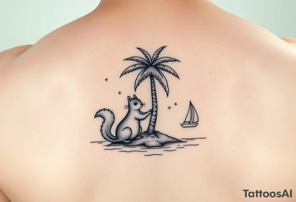 A boy squirrel and a girly squirrel on an island under a palm tree with a sailboat close by tattoo idea