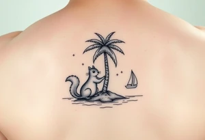 A boy squirrel and a girly squirrel on an island under a palm tree with a sailboat close by tattoo idea