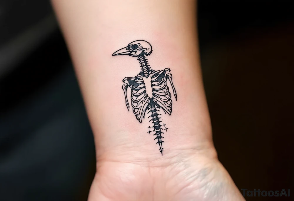 Crow Skeleton – An anatomical tattoo of a crow skeleton, done in fine line style with minimal gray shading and a soft ink wash effect. tattoo idea