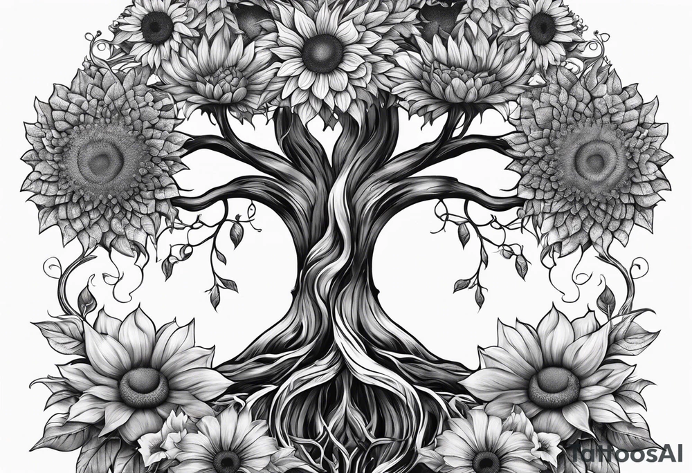 Feminine Yggdrasil tree with 2 sunflowers tattoo idea