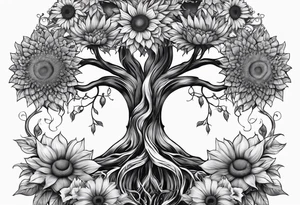 Feminine Yggdrasil tree with 2 sunflowers tattoo idea