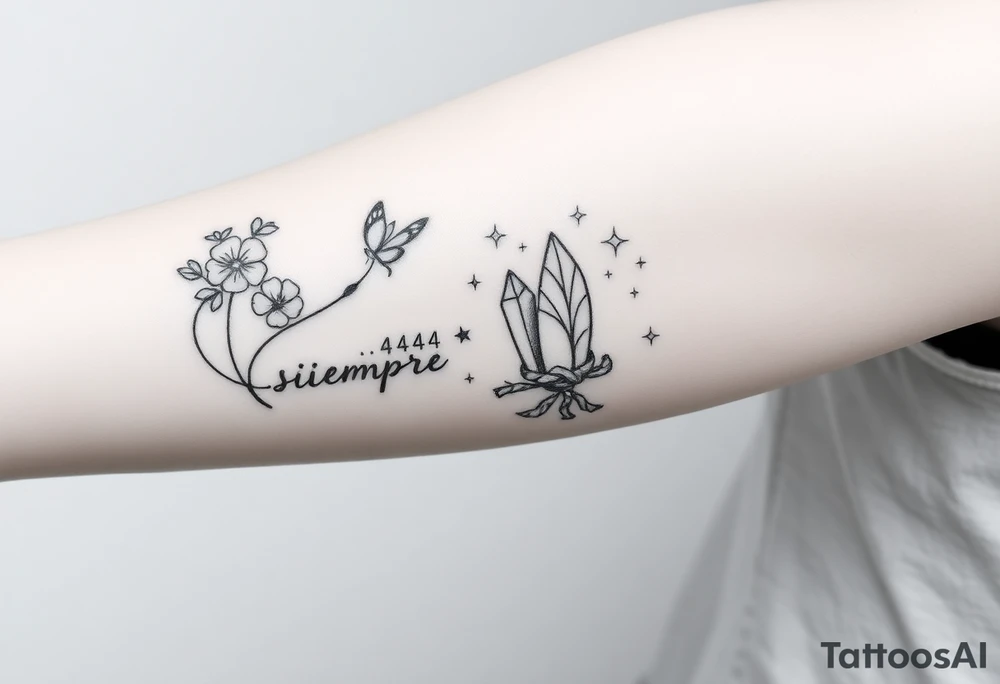 Placement: Forearm half sleeve. Fine line forget-me-not wrapped around the arm, with 3 small butterflies placed around it. The word ‘siempre’ along the inside of the wrist. 444 and a fine line moon and star. On the inner forearm, there are two crystals tied together with rope, with some stars dotted around it and two fine line leaf stems, and a moon above it. All tattoos in black ink. tattoo idea