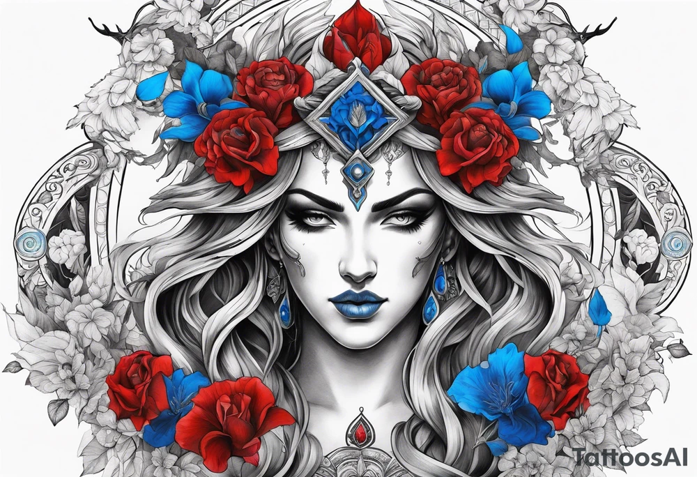 Hades with blue and red
shadowns and persephone symbols tattoo idea